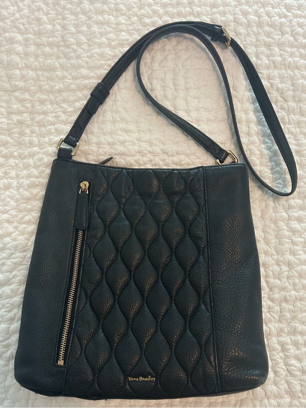Vera Bradley Black Leather “Molly” Quilted Crossbody with Gold Hardware